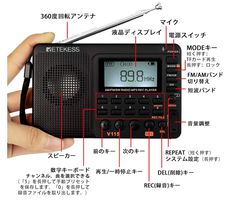 RetekessV115短波MP3プレーヤーを備えたポータブルAM FM SWラジオ 携帯