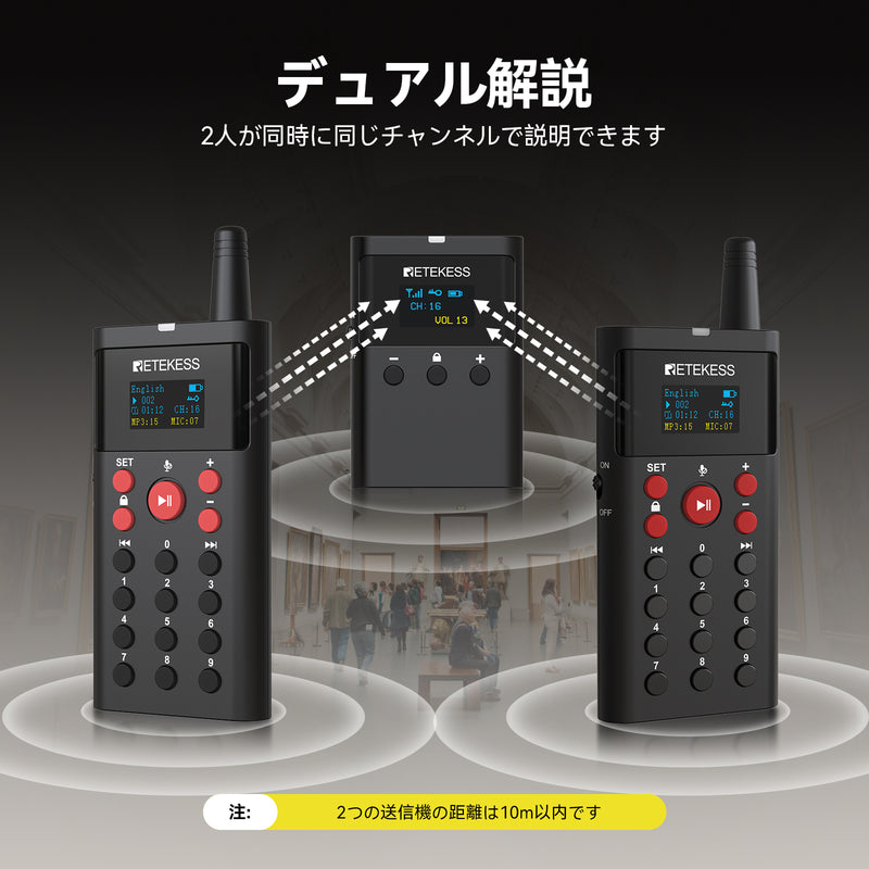 Retekess TT127 ツアー ガイド システム送信機*1+受信機*10　ツアー用の音声ツアー ガイド　41 言語をサポート　16 GB 大容量メモリを搭載  工場見学  景勝地　博物館　美術館　展示ホール