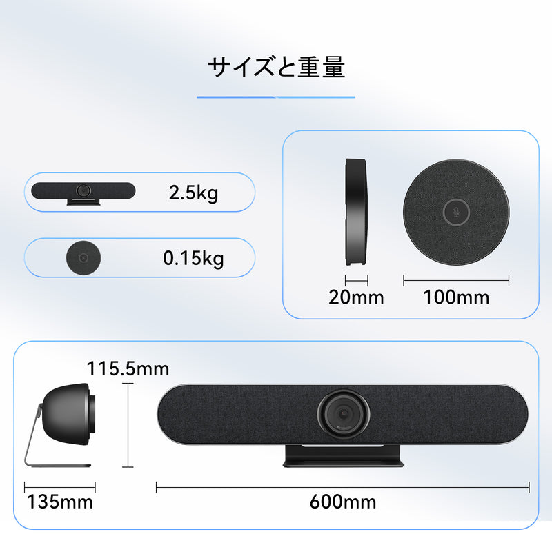 Retekess TC201 webカメラ 会議室向け一体型ビデオバー ウェブカメラ ビデオ会議カメラ マイク付き スピーカー内蔵 120°視野角 広角 4K 高画質 5倍デジタルズーム HDMI 中小企業の会議室向け 会議用オールインワン マシン AI バックライト処理 WIN/MAC/LINUX システム/会議/授業/自宅ネットワーク用/Zoom/Skype/Lineに対応可能