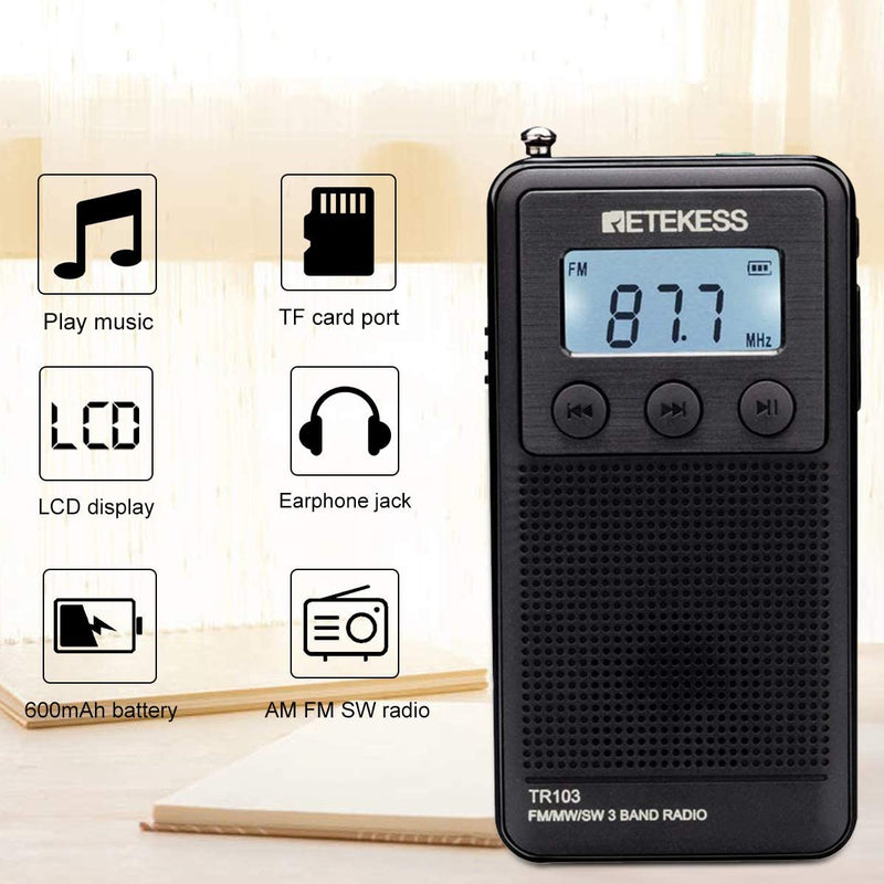 Retekess TR103ラジオ　ミニラジオ　ポータブルラジオ、中波ラジオ、オフィス用小型デジタルラジオ、バックライト付きポケットラジオ、TFカードとヘッドフォンジャックをサポート
