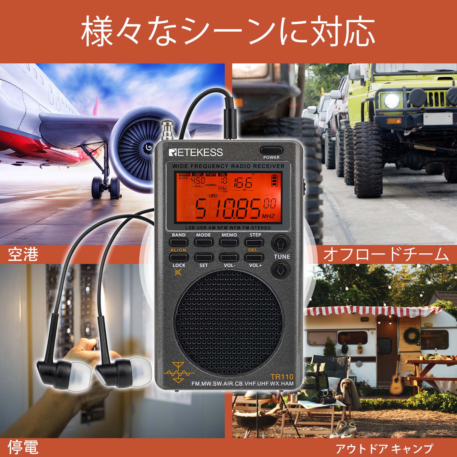 Retekess TR110ラジオ、BCLラジオ、アマチュア無線愛好家向け ポータブル SSB 短波ラジオ、フルバンド ラジオ AM FM 短波エアバンド  CB、NOAA 天気予報、FM ステレオ、時計、スリープ タイマー、1000 プリセット ステーション